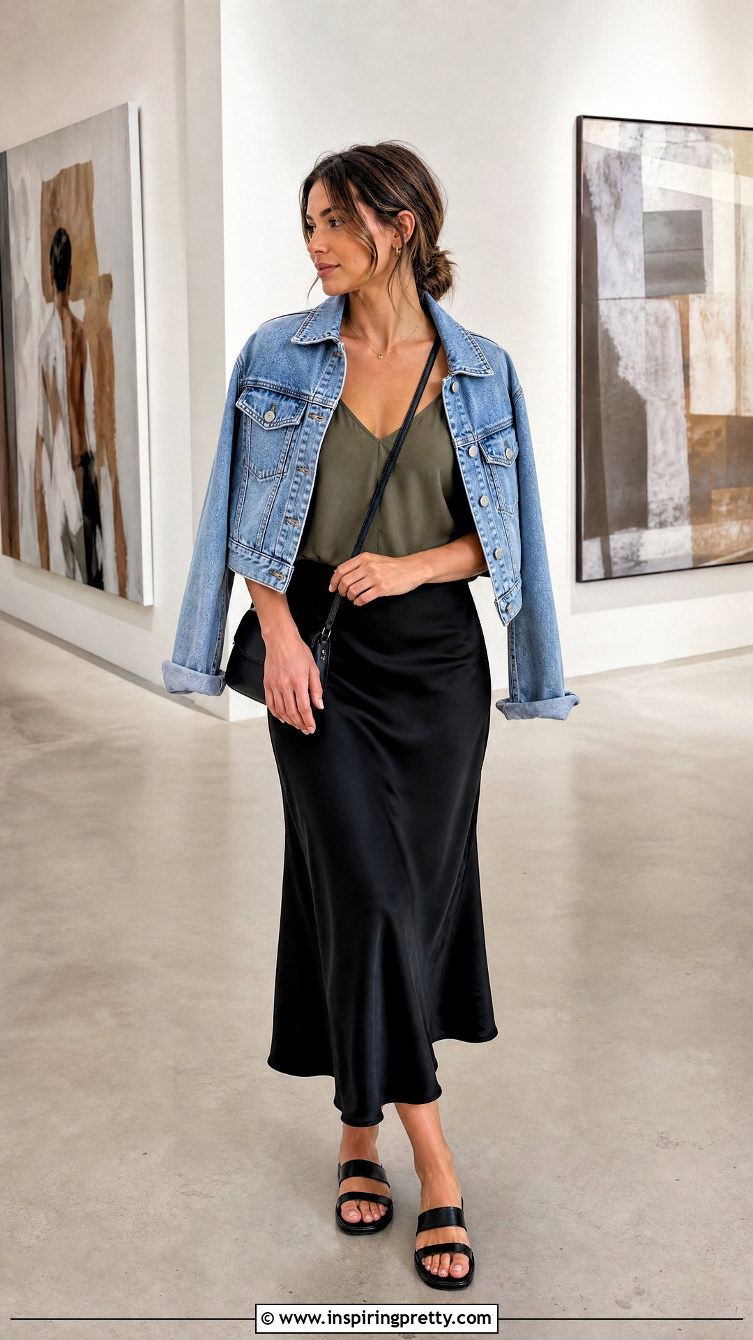 Olive Green Camisole With Black Satin Midi Skirt - 20 Casual Olive Green Top outfit ideas