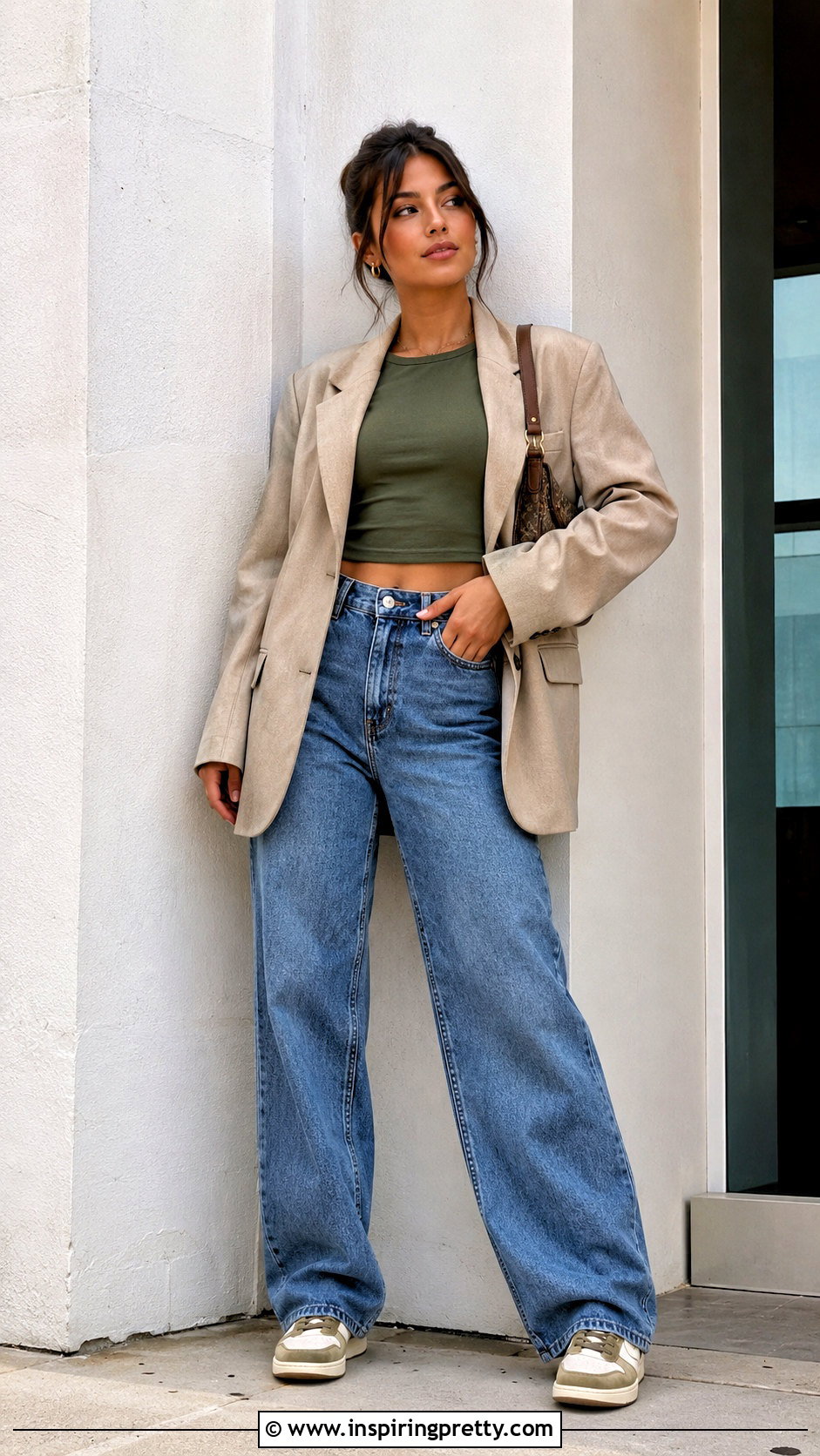 Olive Green Crop Top And High Waisted Jeans - 50 olive green top and jeans outfit ideas