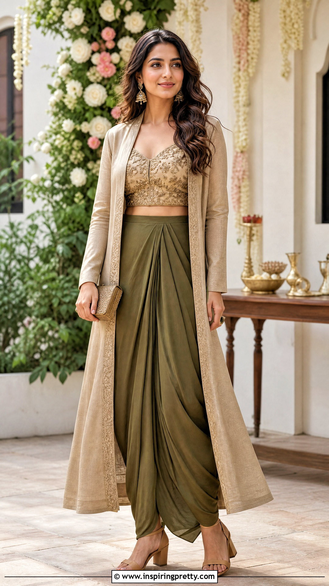 Olive Green Dhoti Skirt With Beige Crop Top And Jacket - 25 dhoti skirt with crop top and jacket outfit ideas