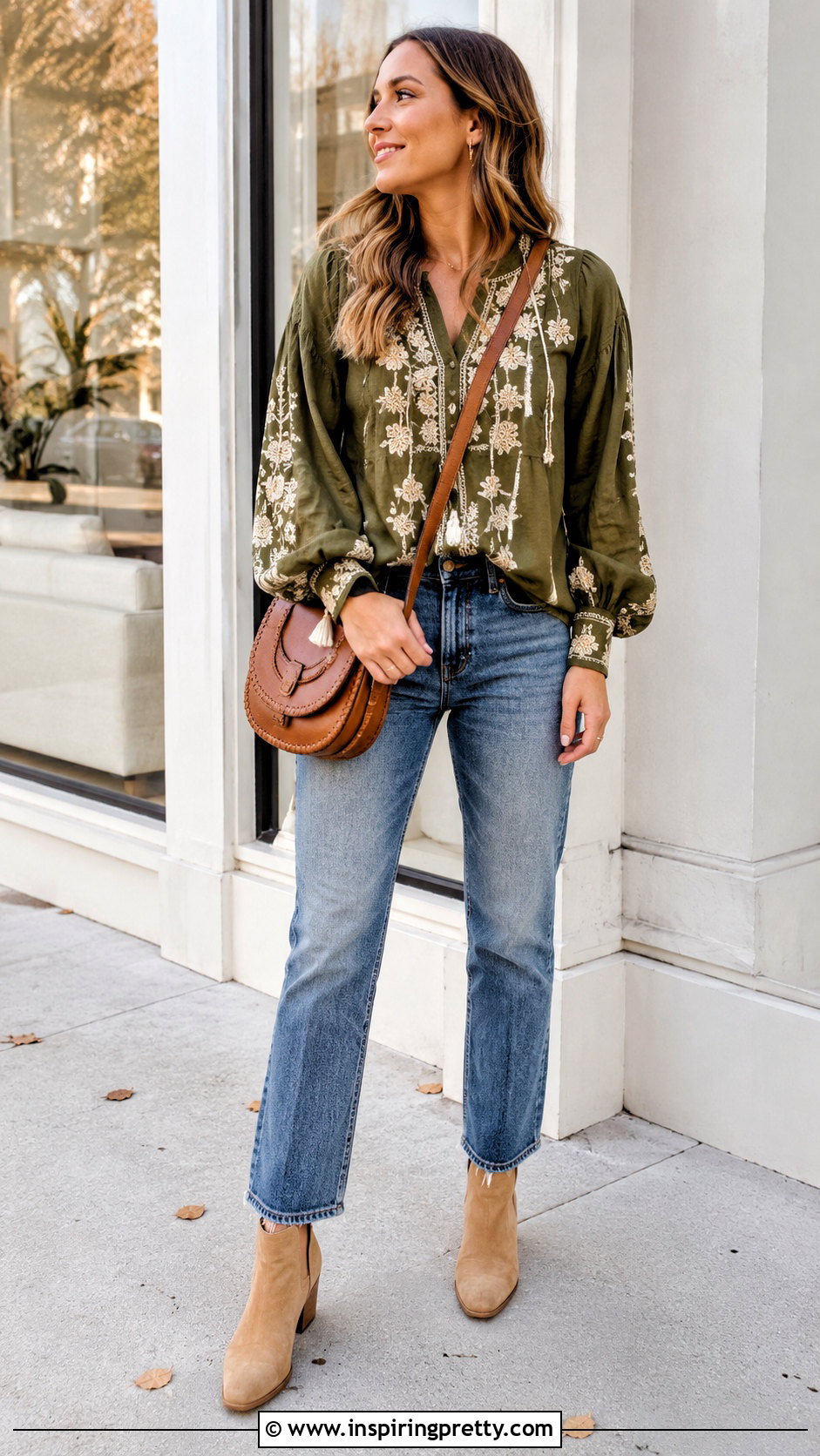 Olive Green Embroidered Top And Straight Jeans - 50 olive green top and jeans outfit ideas