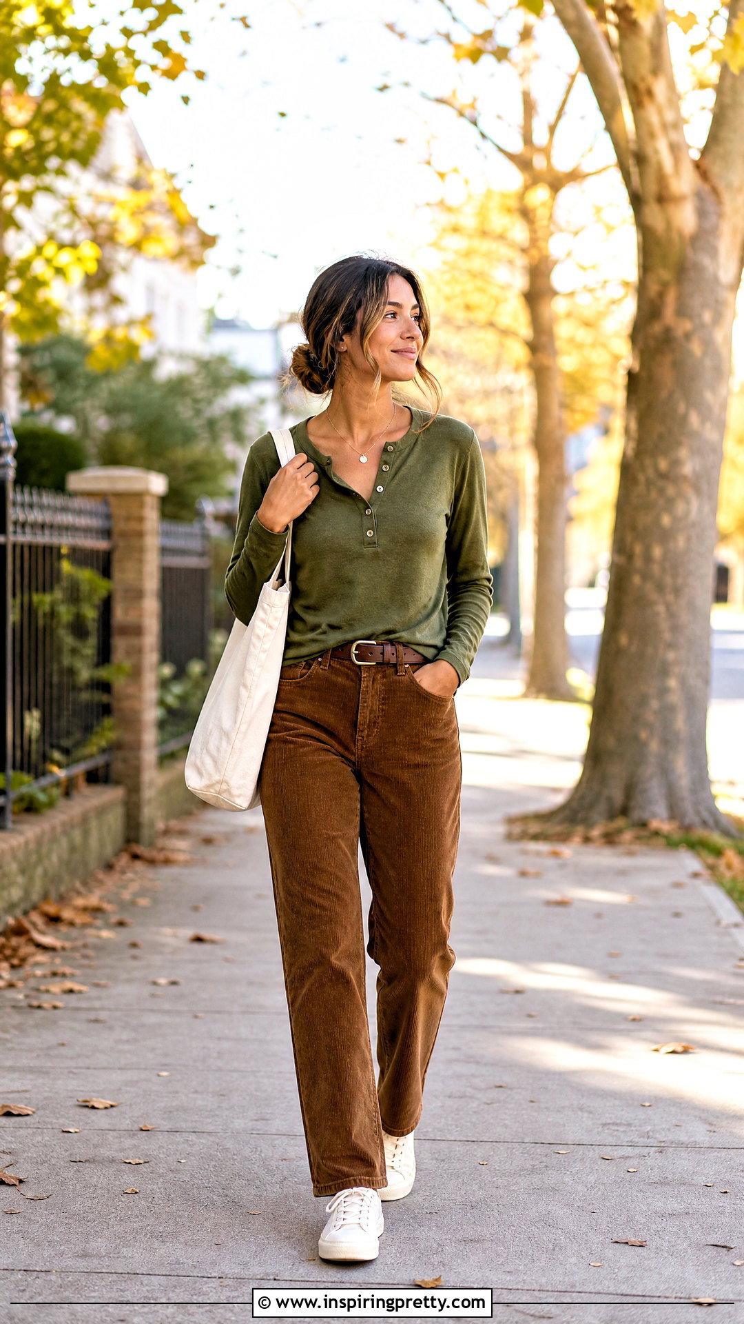 Olive Green Henley Top With Brown Corduroy Pants - 20 Casual Olive Green Top outfit ideas