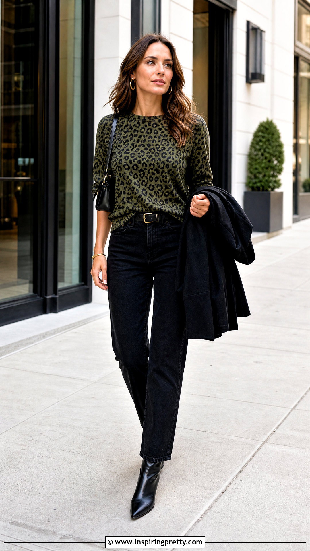 Olive Green Leopard Print Top With Black Jeans - 20 Olive Green Print Tops outfit ideas