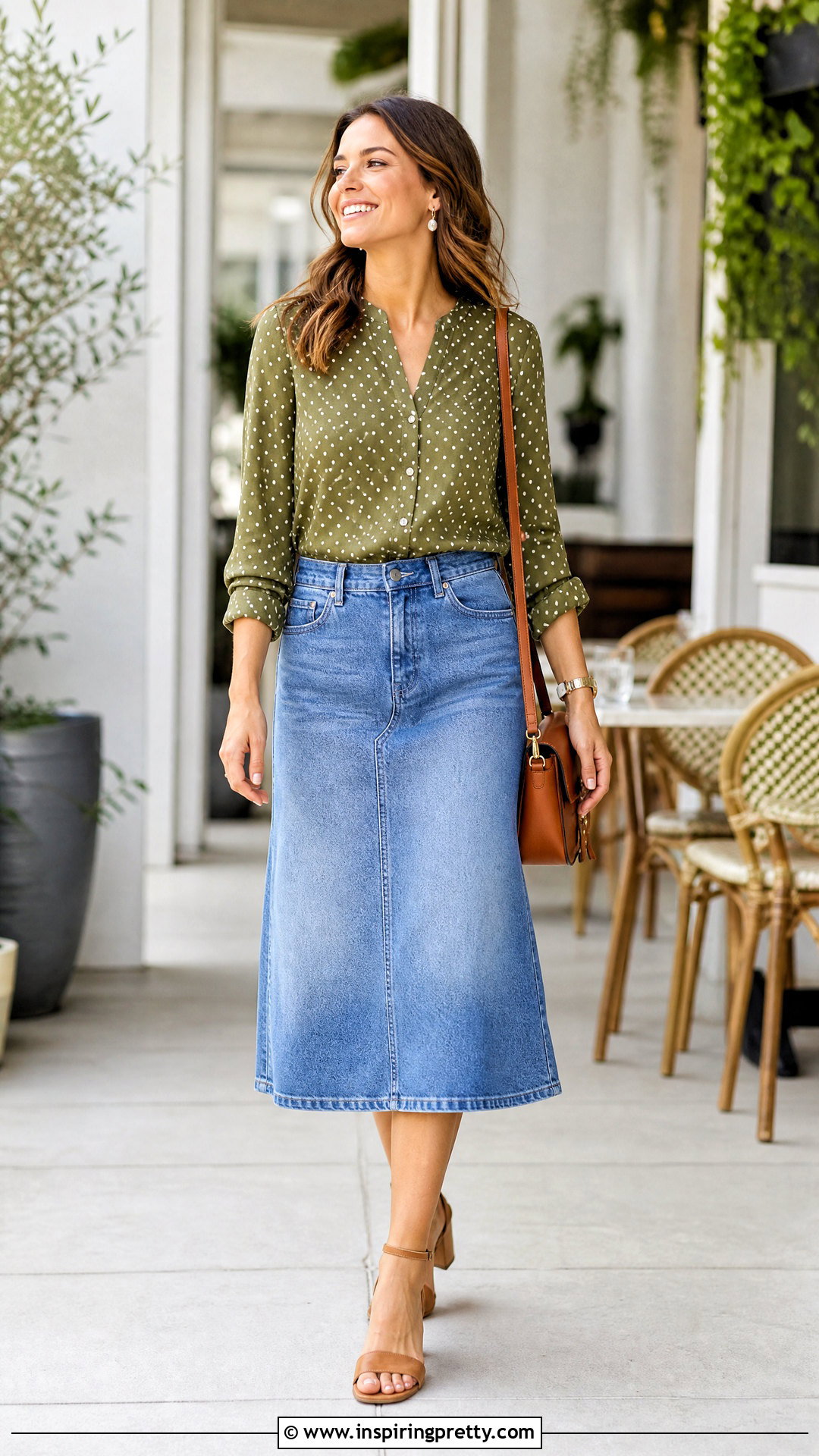 Olive Green Polka Dot Top With Denim Midi Skirt - 20 Olive Green Print Tops outfit ideas