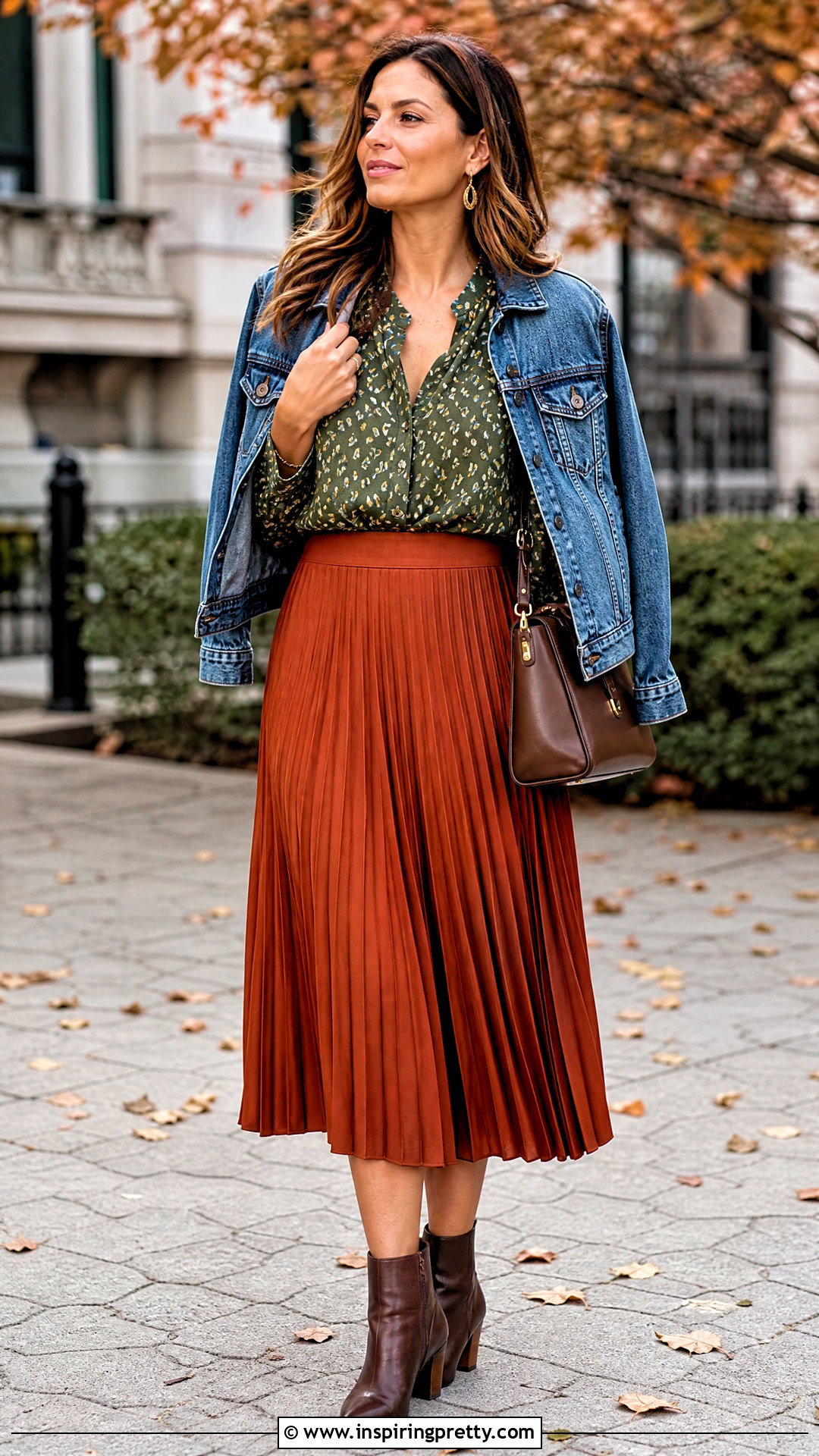 Olive Green Print Top With Rust Midi Skirt - 20 Olive Green Print Tops outfit ideas
