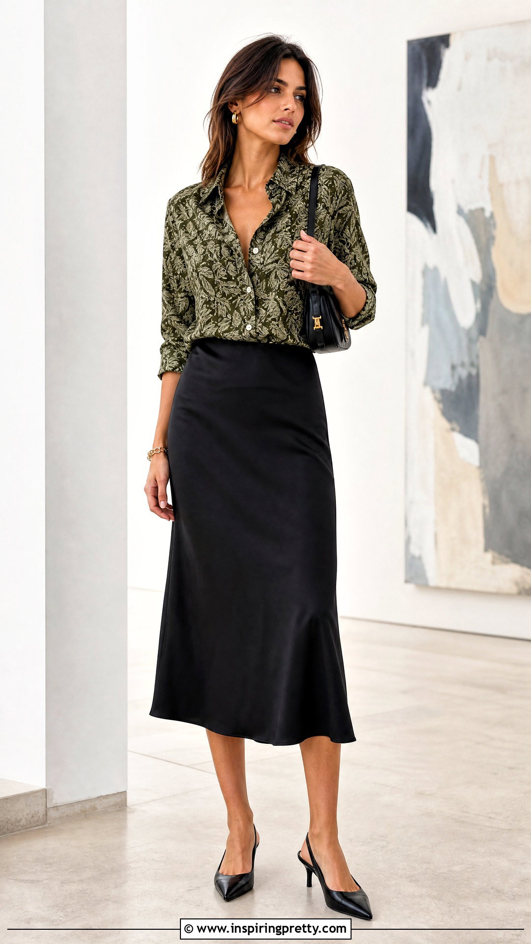 Olive Green Printed Shirt With Black Midi Skirt - 20 Olive Green Print Tops outfit ideas