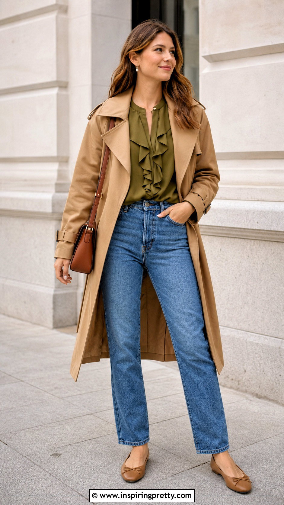 Olive Green Ruffle Top And Medium Wash Jeans - 50 olive green top and jeans outfit ideas