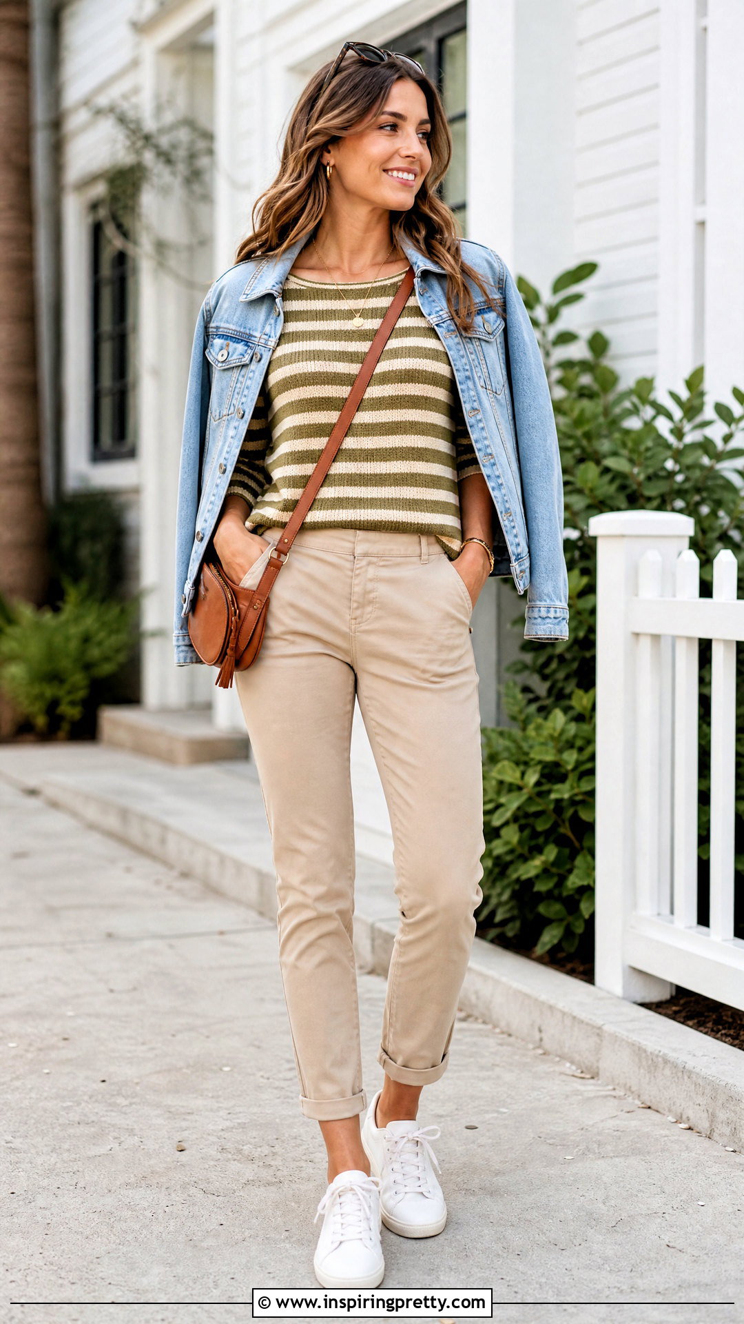 Olive Green Striped Top With Beige Chinos - 20 Olive Green Print Tops outfit ideas