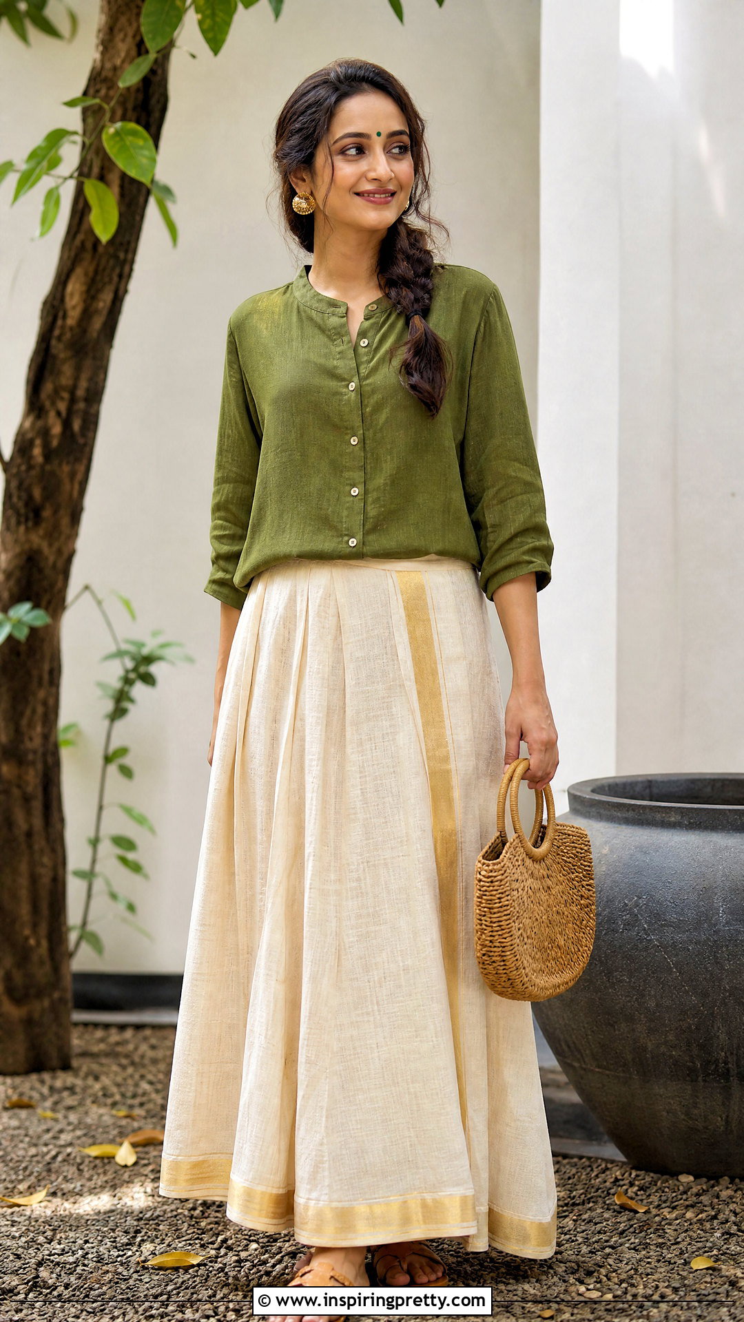 Olive Green Top And Handloom Onam Skirt - 50 latest onam skirt and top designs