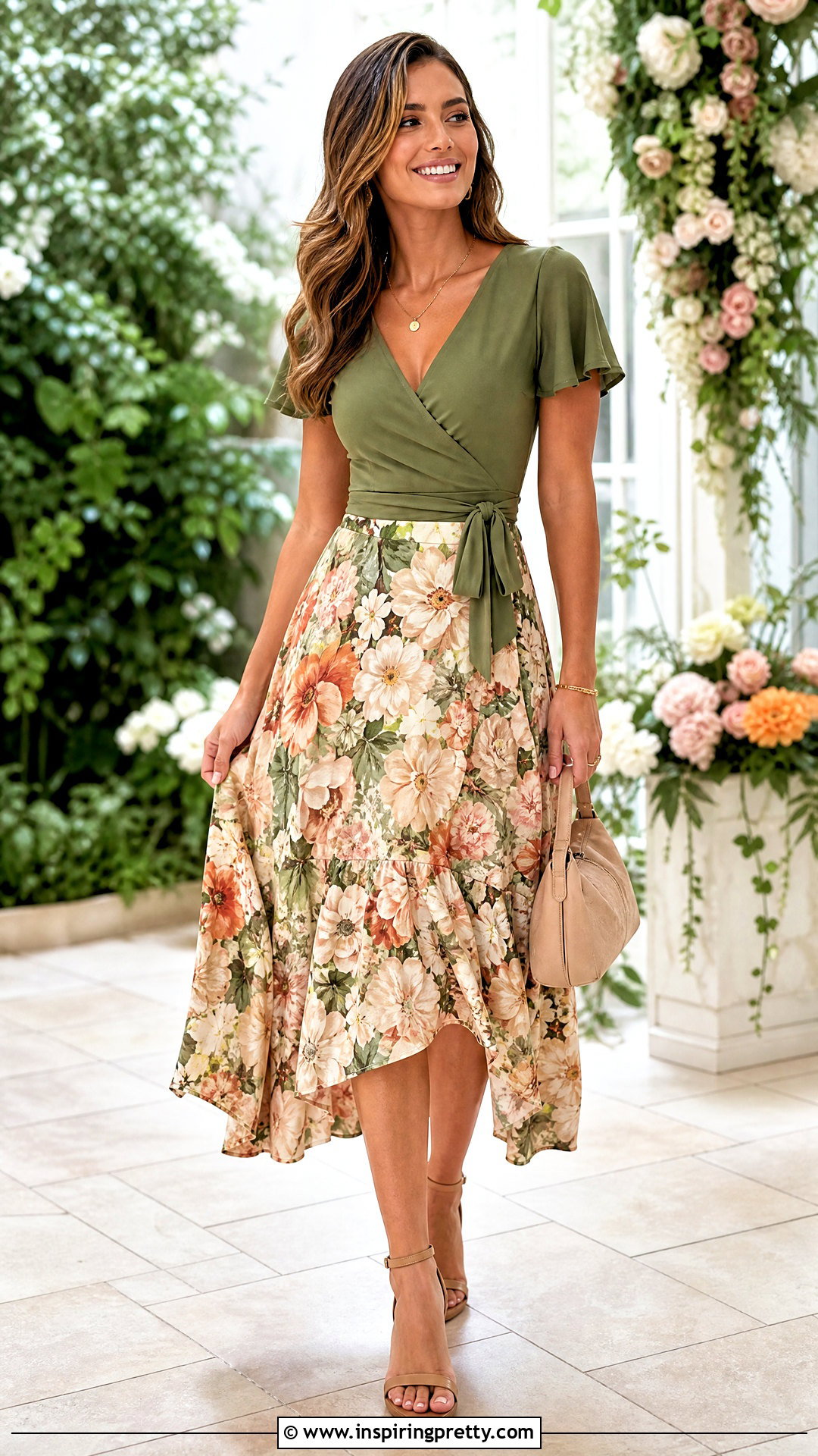 Olive Green Top With Floral Midi Skirt - 20 Elegant Olive Green Top outfit ideas