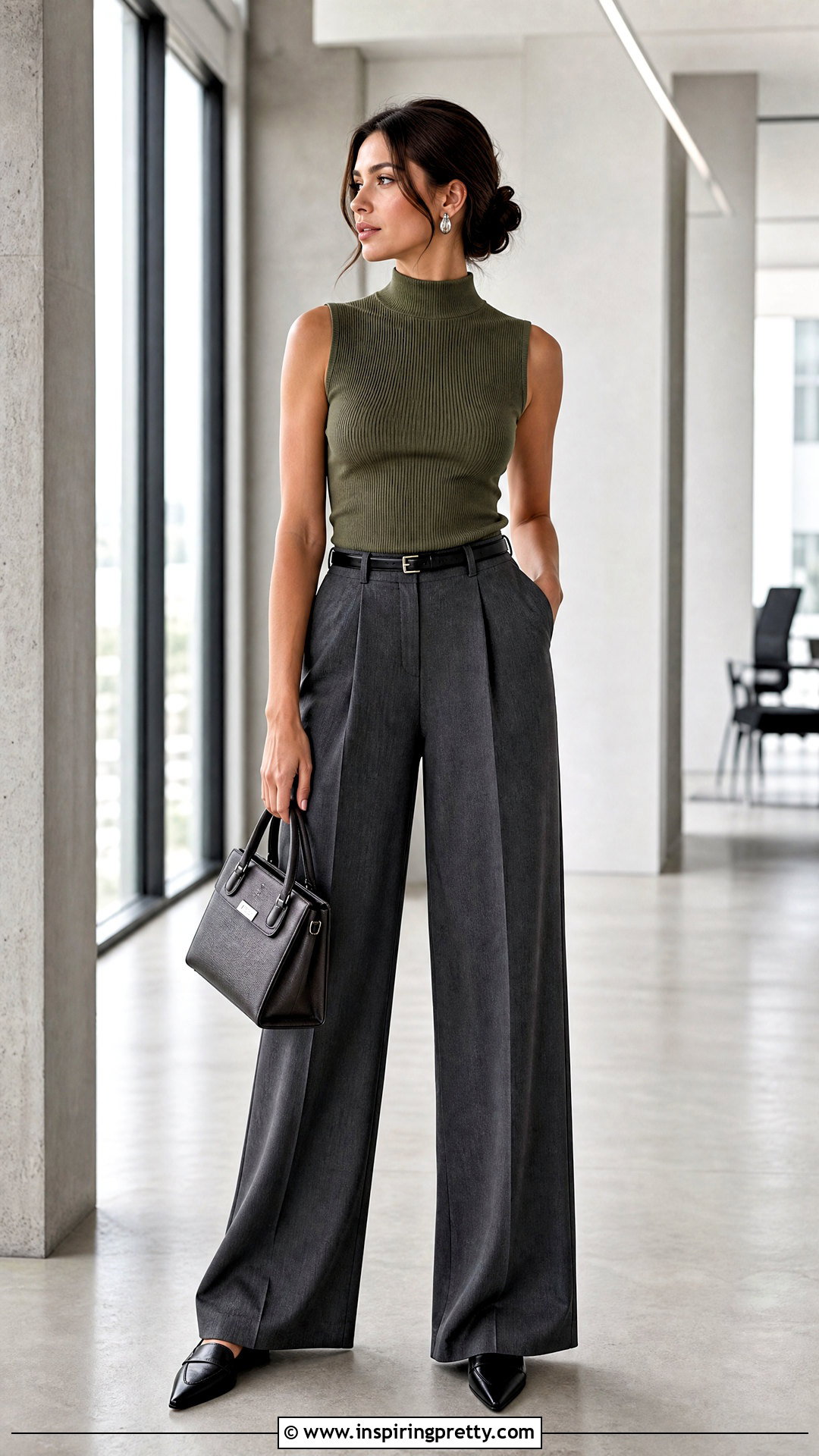 Olive Green Top With Gray Tailored Trousers - 20 Elegant Olive Green Top outfit ideas