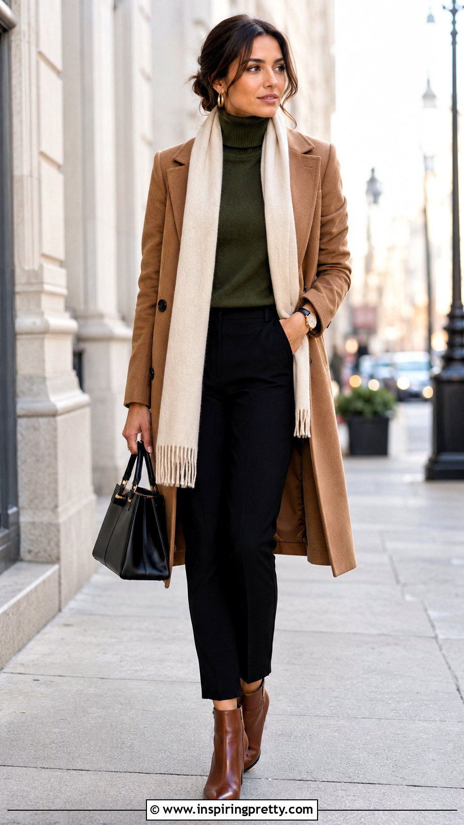 Olive Green Top With a Camel Coat - 50 olive green top outfit ideas
