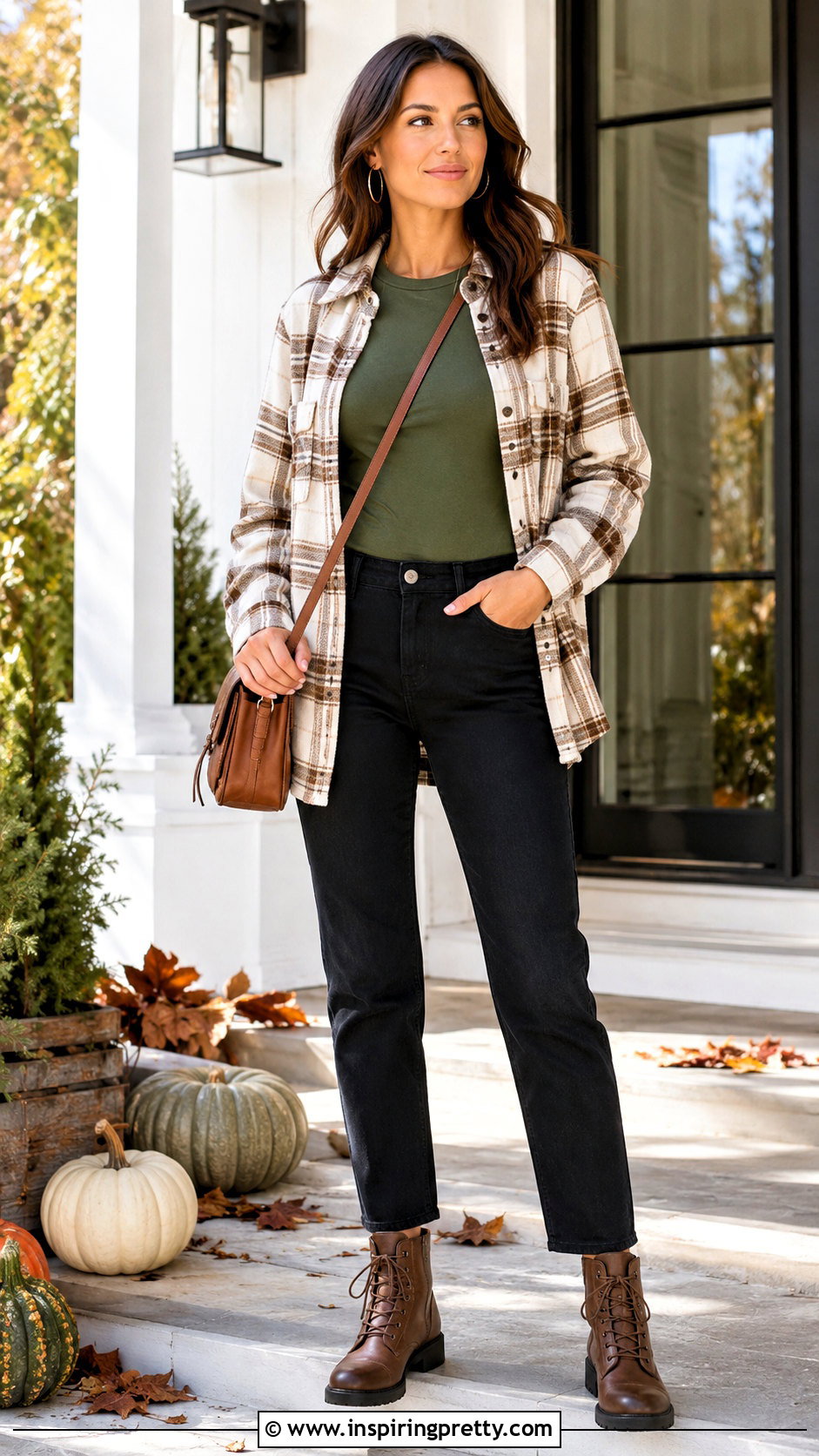 Olive Green Top With a Plaid Shacket - 50 olive green top outfit ideas