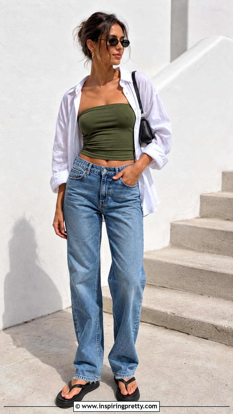 Olive Green Tube Top And Low Rise Jeans - 50 olive green top and jeans outfit ideas