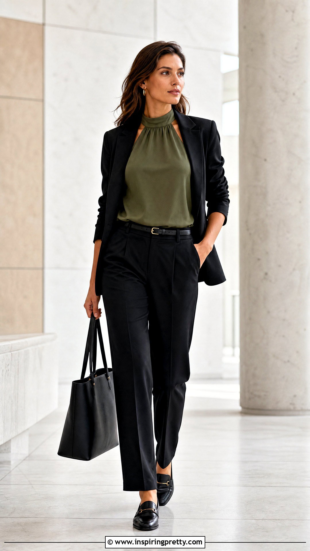 Olive Halter Top With Black Trousers And Blazer - 25 Halter Top Business Casual outfits