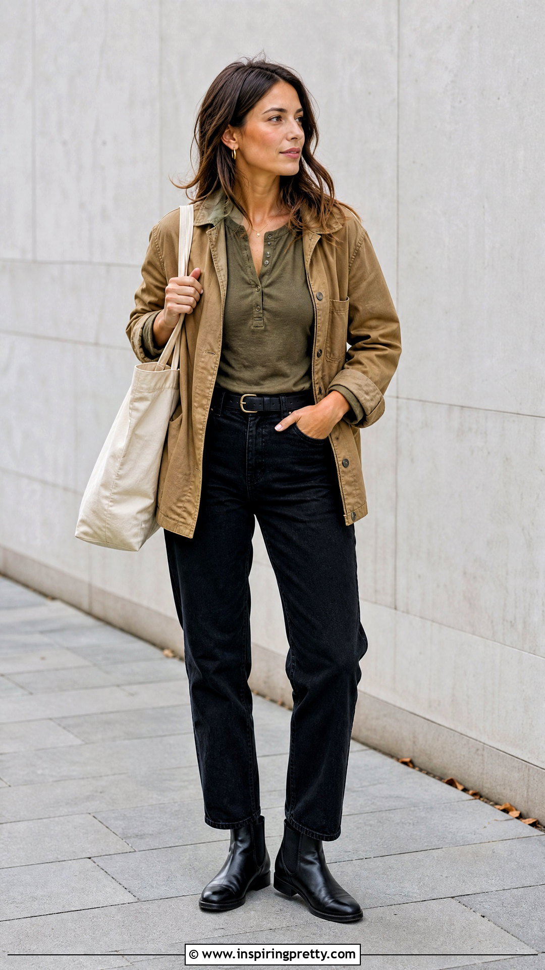 Olive Henley Top With Black Jeans - 50 henley top outfit ideas