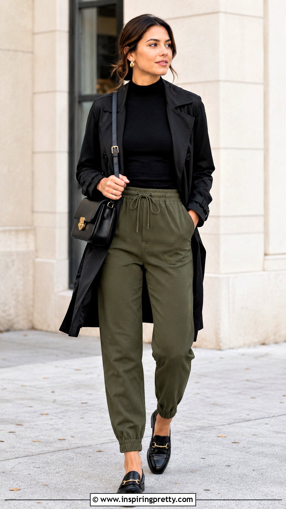 Olive Joggers With Black Mock Neck Top - 25 joggers and a nice top outfit ideas