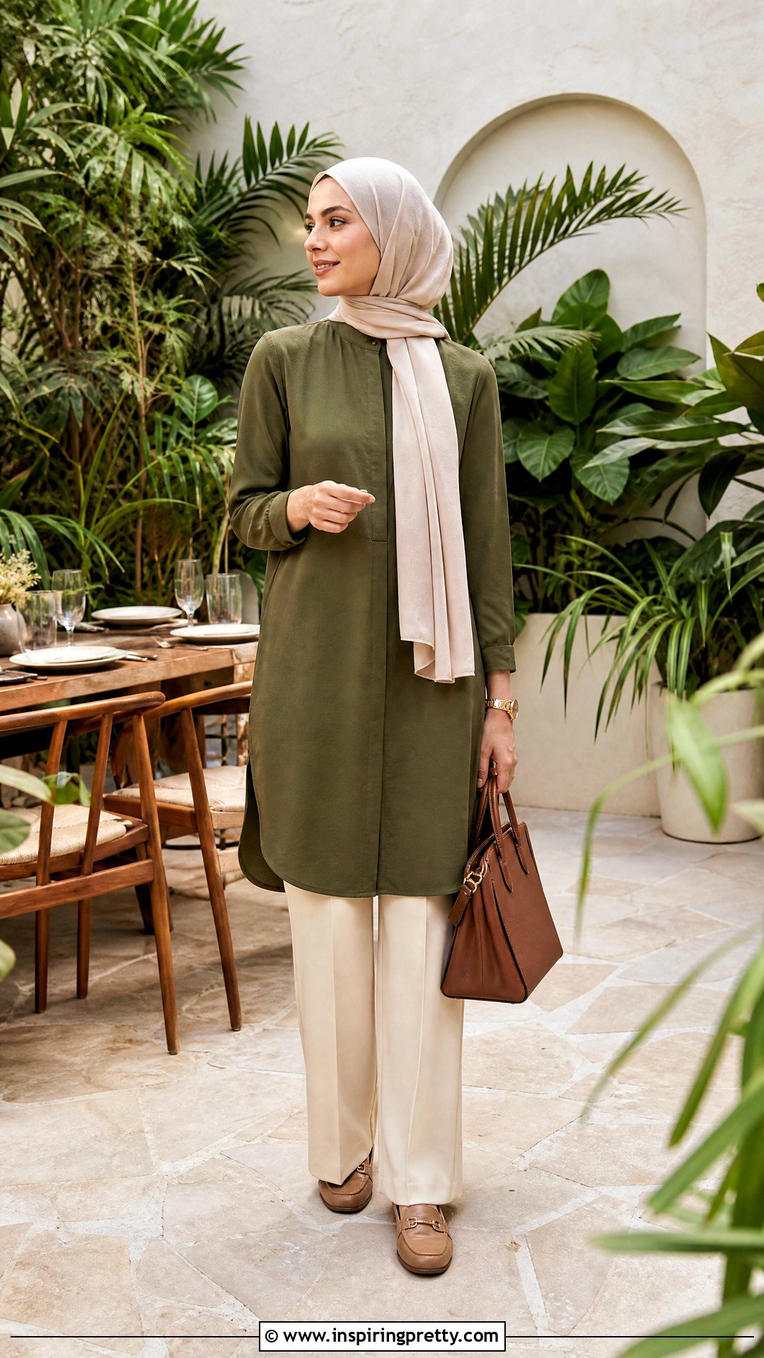 Olive Long Top With Cream Trousers - 50 long tops designs for muslims