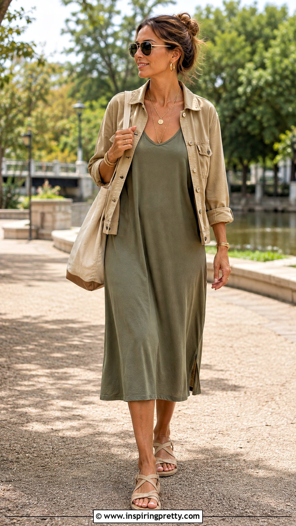 Olive Loose Tank Top Dress With Utility Jacket - 25 loose tank top dress outfit ideas