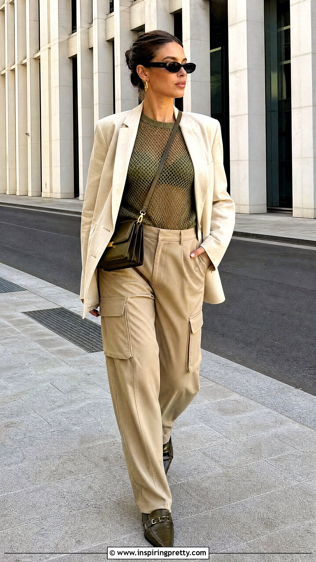 Olive Mesh Top With Tailored Cargo Pants - 50 mesh top outfit classy ideas