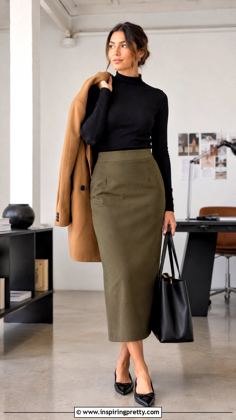 Olive Midi Skirt And Black Mock Neck Top - 20 Professional Skirt And Top outfit ideas