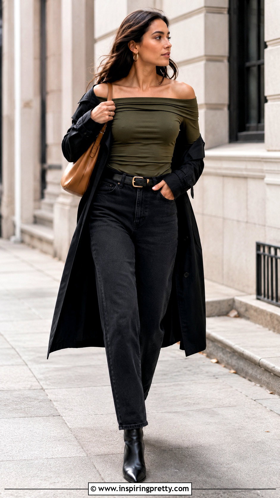 Olive Off Shoulder Top With Black Jeans - 20 Off-Shoulder Top Fall Fashion outfit ideas