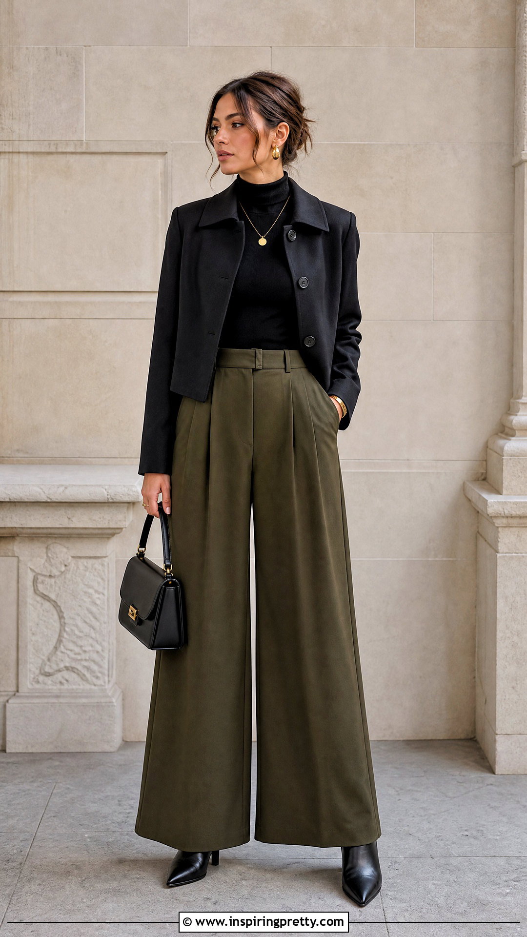 Olive Palazzo Pants With Black Turtleneck - 50 palazzo pants and top outfit ideas