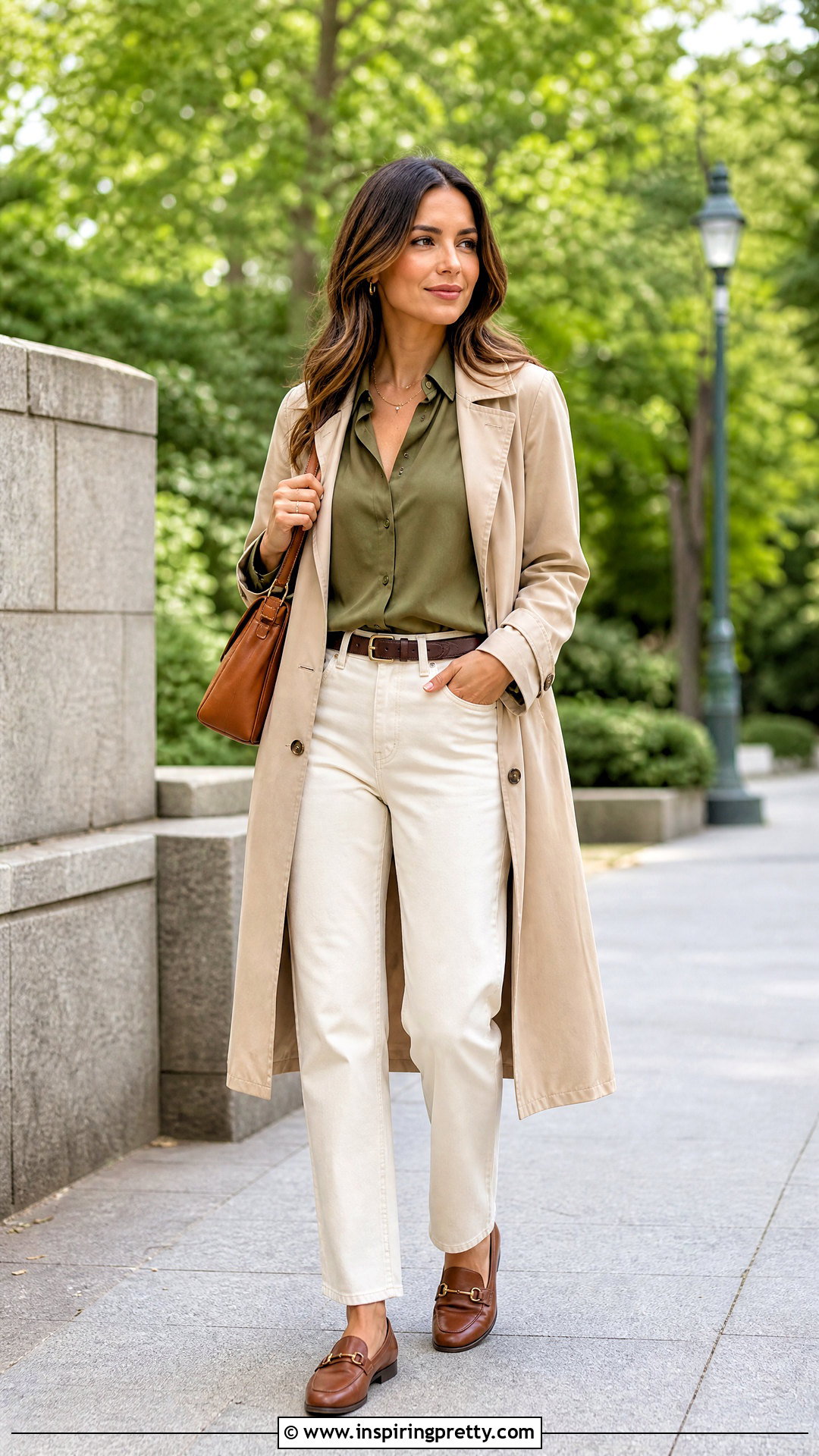 Olive Silk Shirt With Ecru Jeans - 50 silk tops blouses