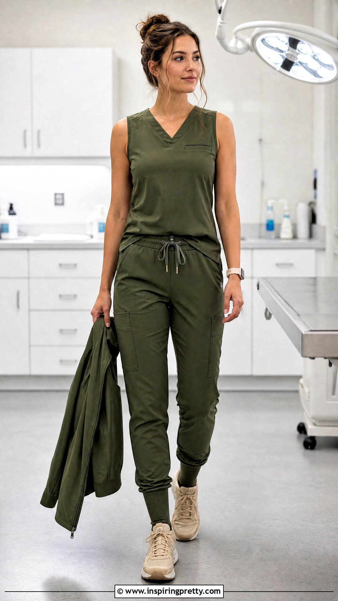 Olive Sleeveless Scrub Top With Utility Pants - 20 Sleeveless Scrub Top outfit ideas