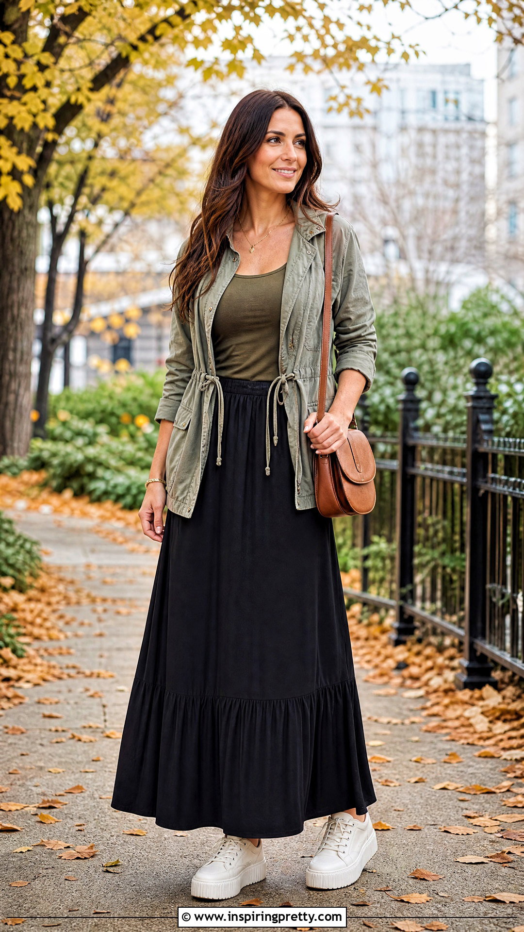 Olive Tank Top With Utility Jacket And Maxi Skirt - 20 fall fashion tank top outfit ideas