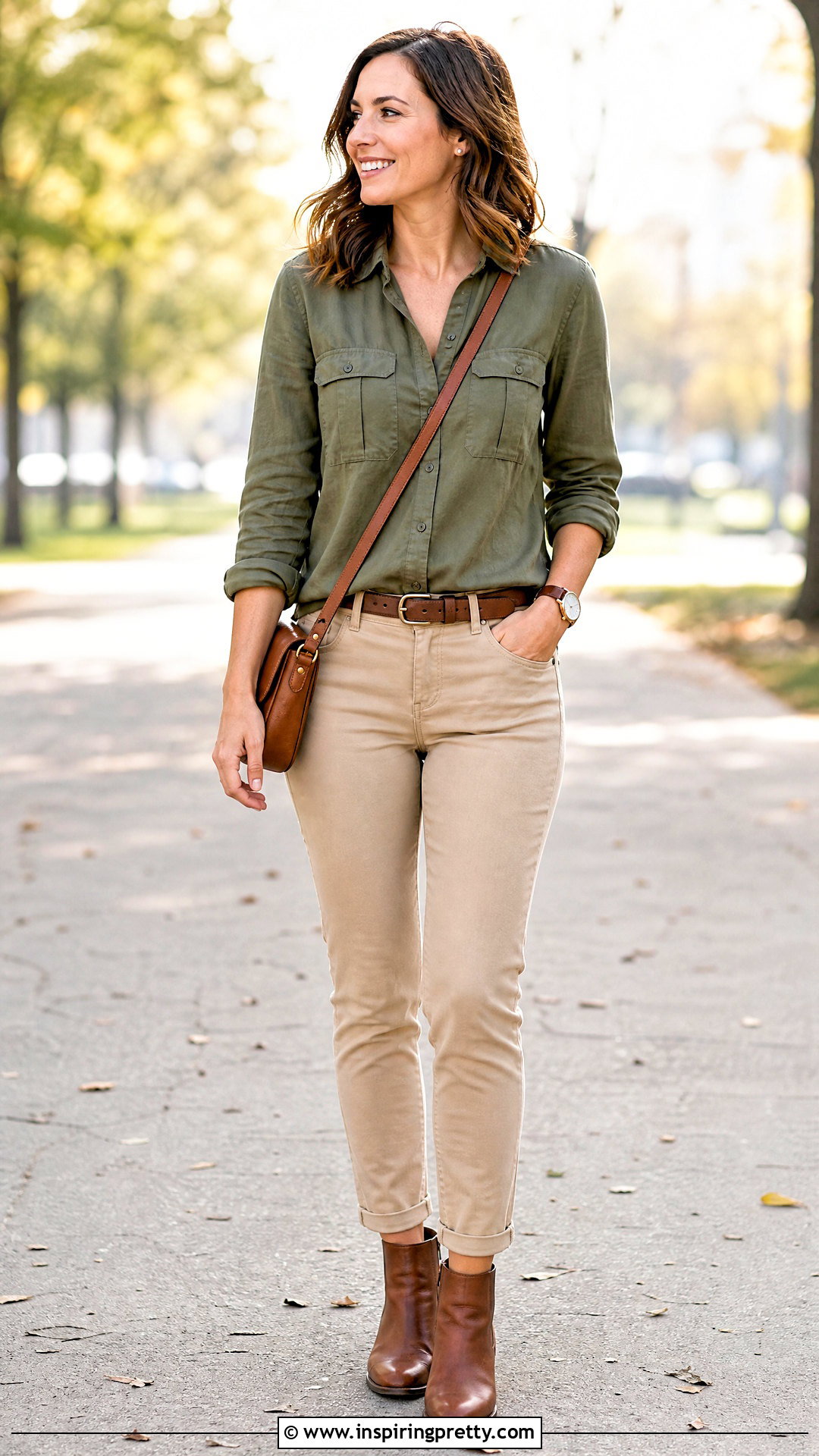 Olive Utility Shirt With Beige Pants - what top goes with beige pants (20 ways)
