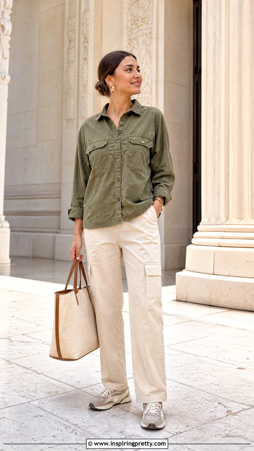 Olive Utility Top With Cream Cargo Pants - 50 modest summer tops outfit ideas