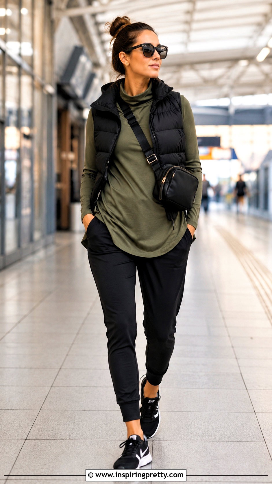 Olive Yoga Tunic Top With Black Joggers - 20 yoga tunic tops outfit ideas