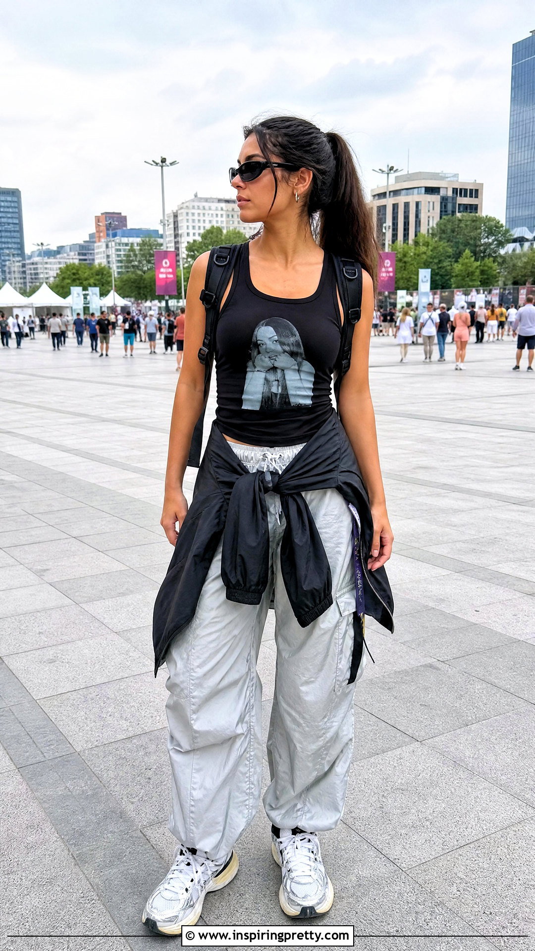 Olivia Rodrigo Black Tank Top With Parachute Pants - 20 Black Tank Top With Olivia Rodrigo Design outfit ideas