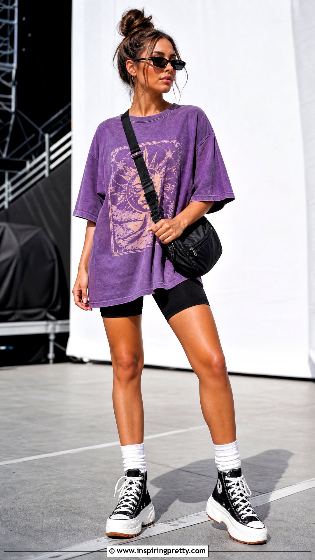Olivia Rodrigo Oversized Purple Tee With Biker Shorts - 25 Olivia Rodrigo Purple Top outfit ideas