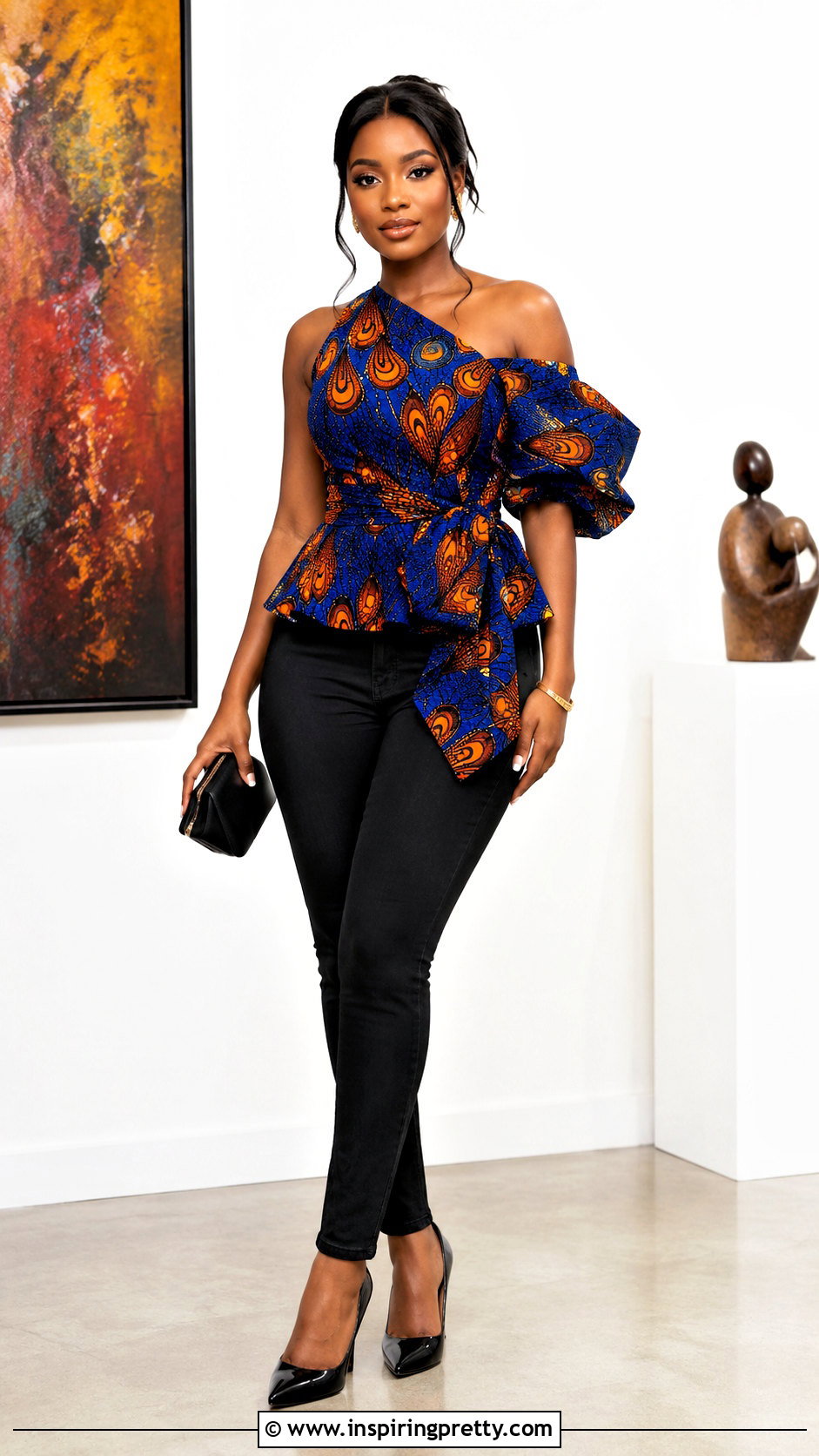 One Shoulder Ankara Top With Black Jeans - 50 Simple Ankara Tops With Jeans