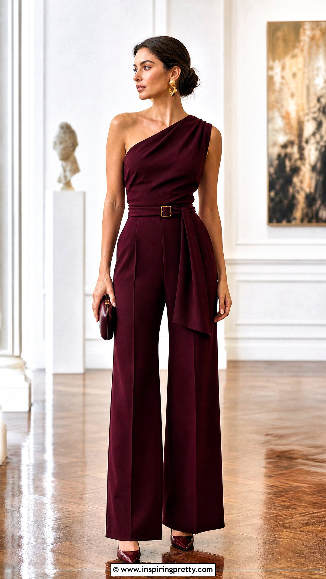 One Shoulder Belted Top With Wide Leg Pants - 50 belt top outfit ideas