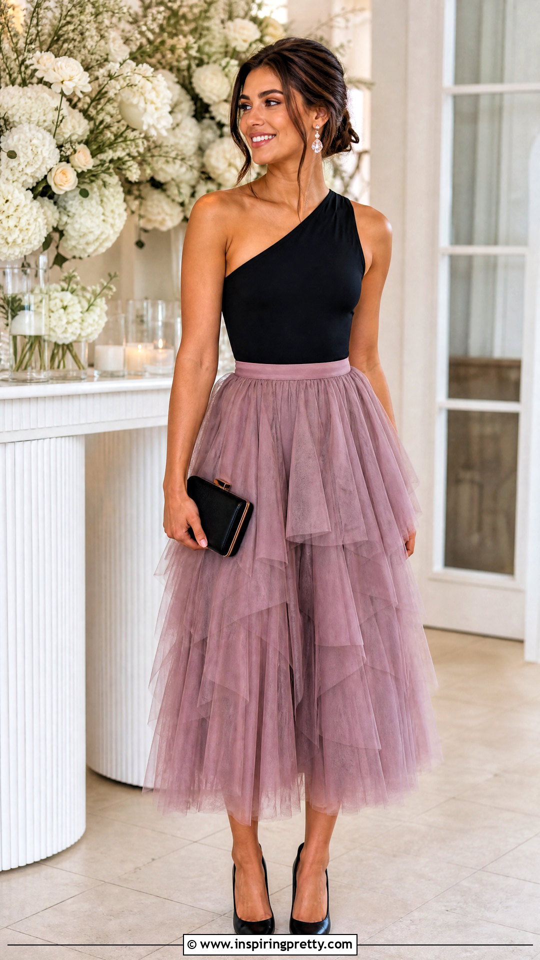 One Shoulder Bodysuit With Tulle Midi Skirt - 25 One Shoulder Top Wedding Outfit ideas