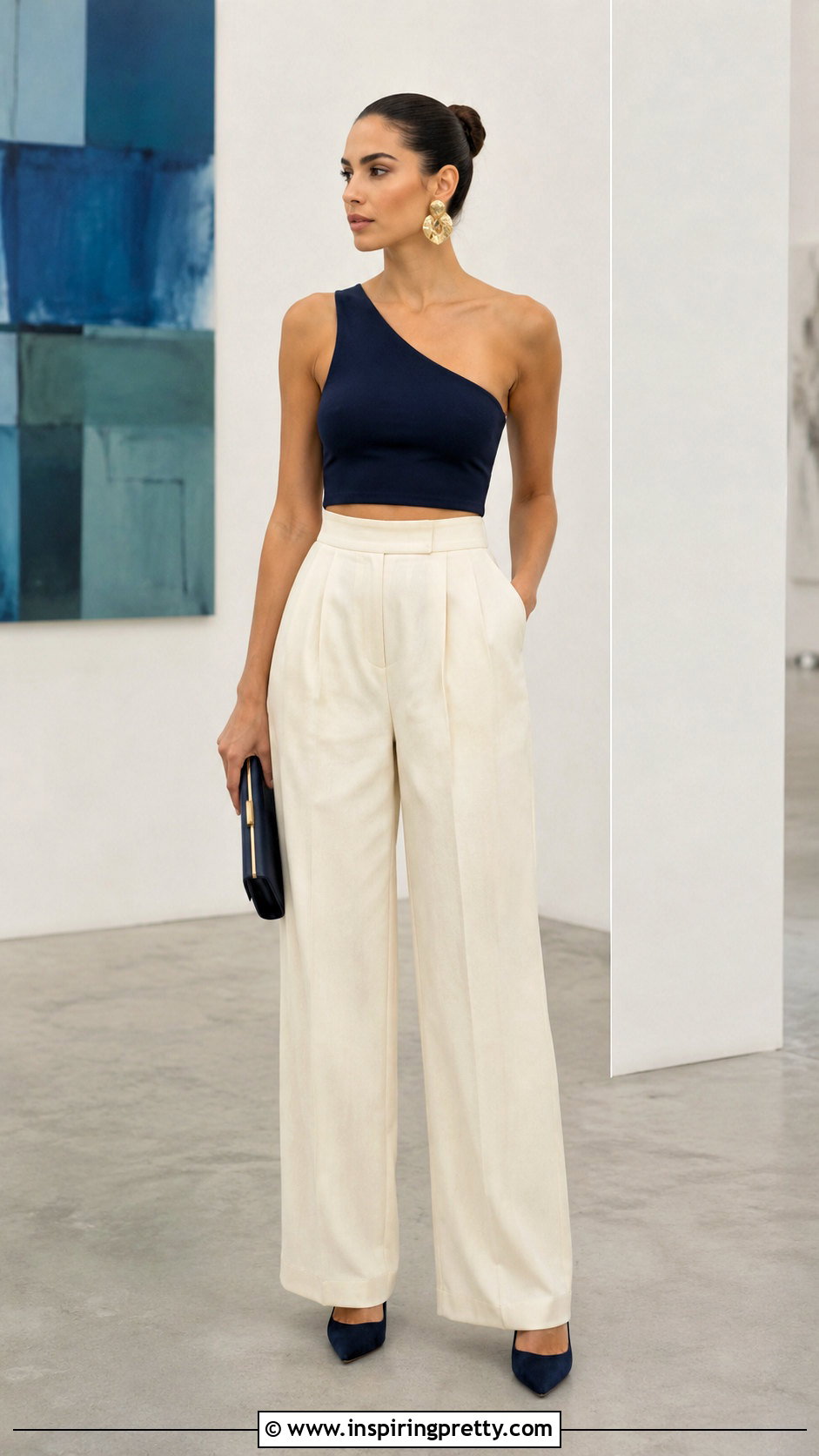 One Shoulder Bra Top With Pleated Pants - 20 fancy bra tops outfit ideas