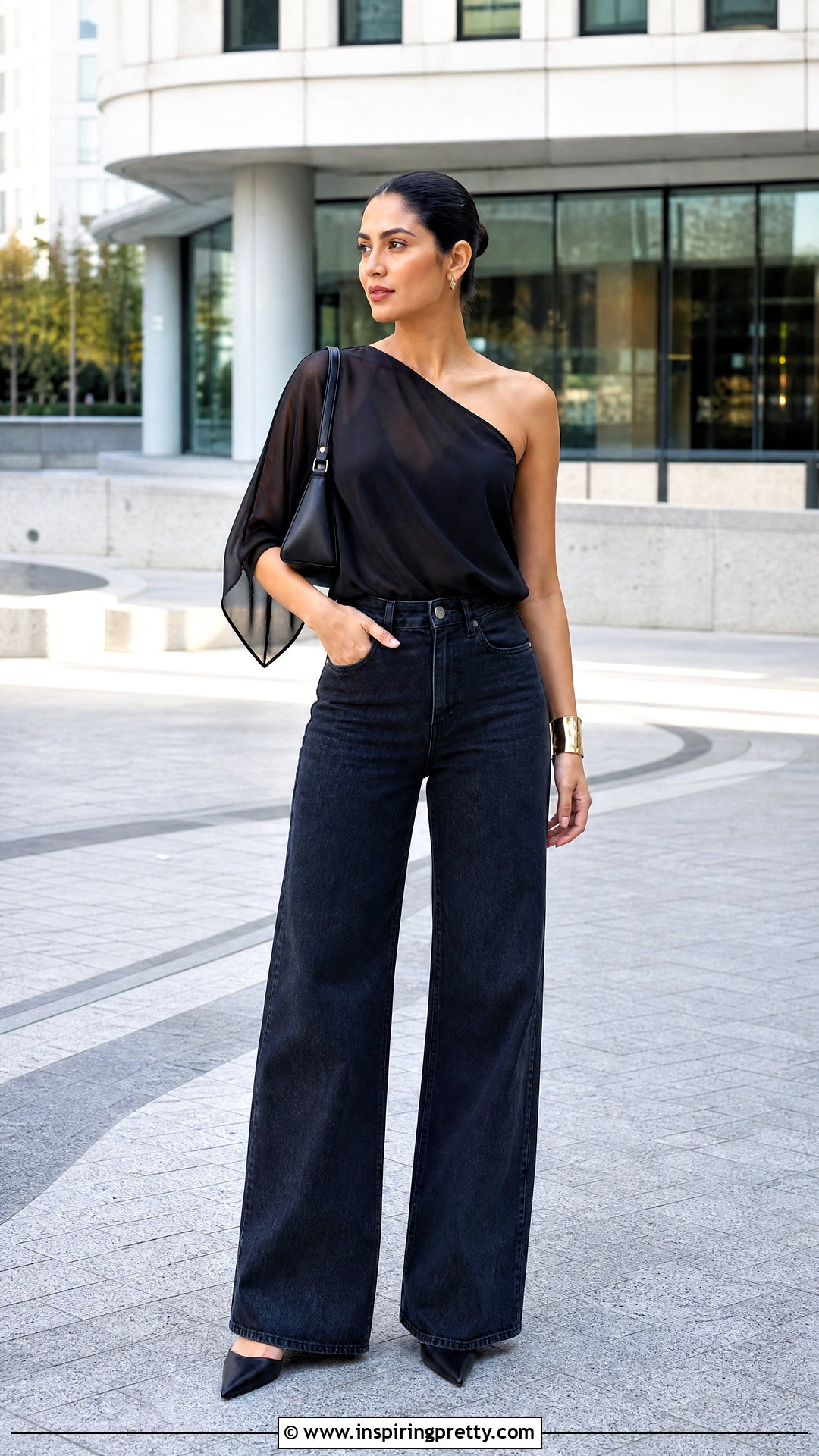 One Shoulder Chiffon Top With Wide Leg Jeans - 50 chiffon top styles