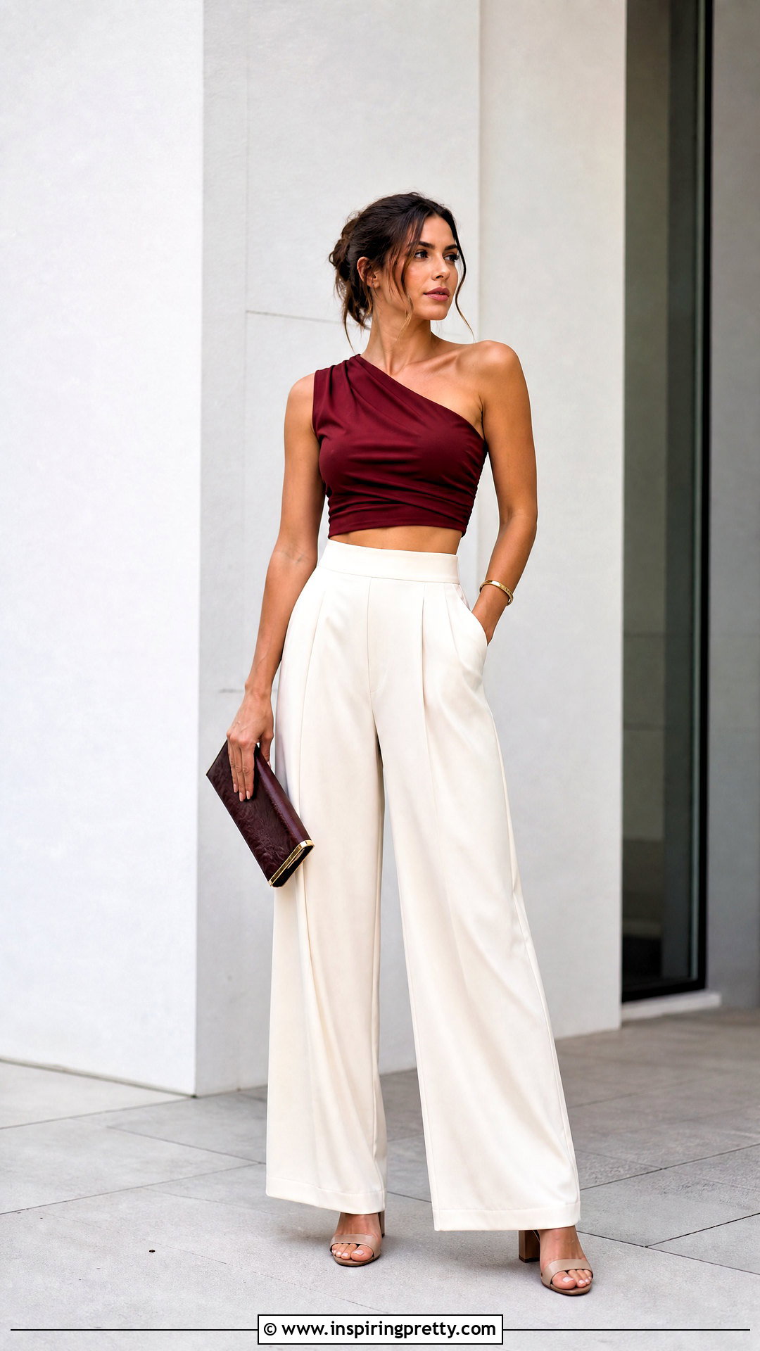 One Shoulder Cotton Short Top With Wide Leg Pants - 50 cotton short tops outfit ideas