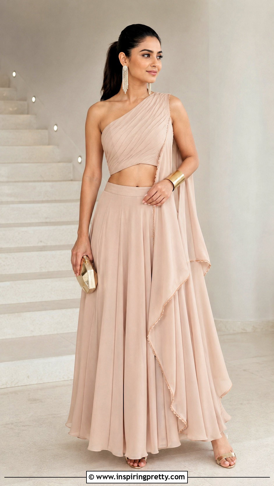 One Shoulder Crop Top Blouse With Draped Lehenga - 20 Crop Top Blouse Designs For Lehanga Outfit Ideas