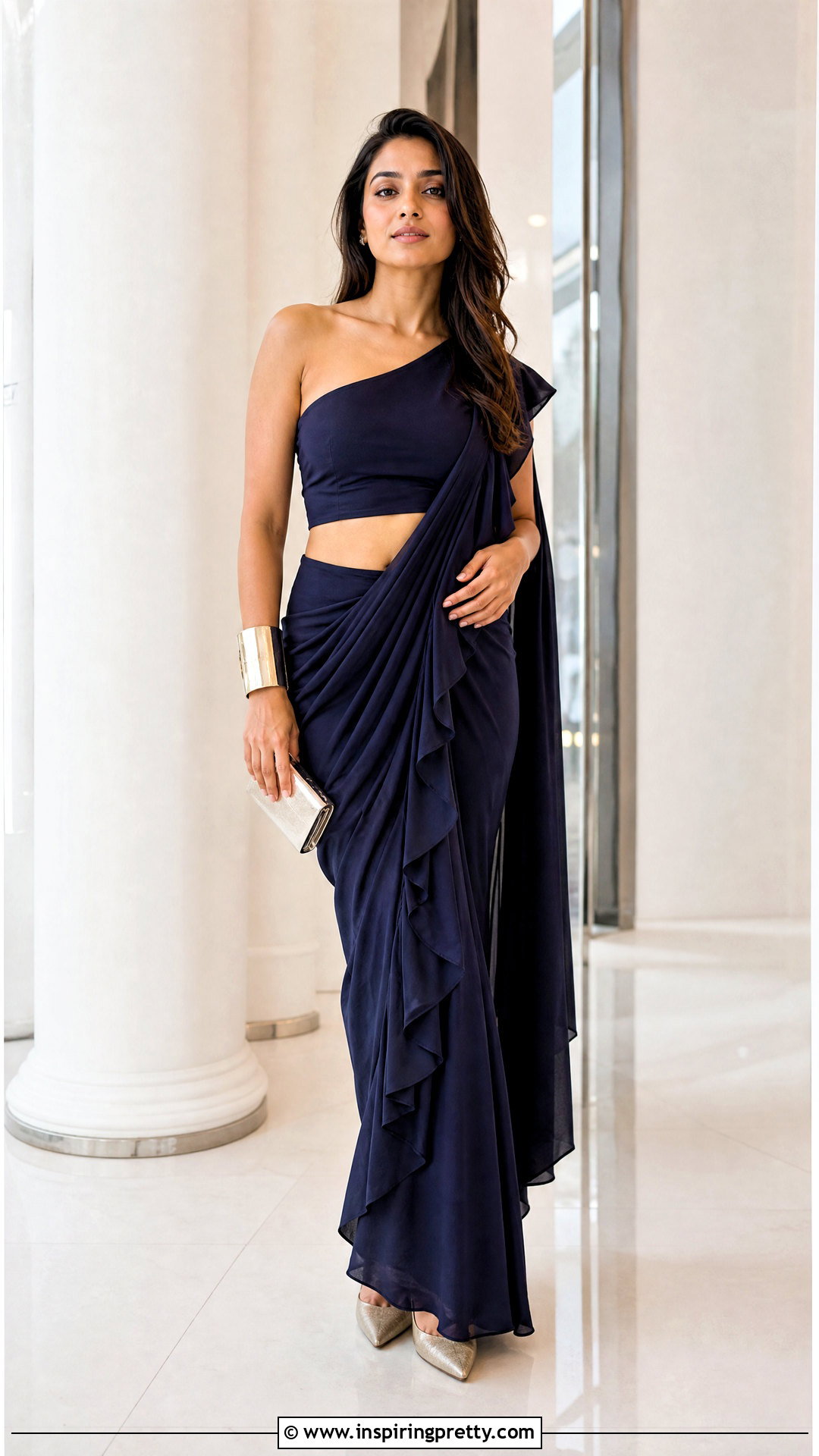 One Shoulder Crop Top Blouse With Ruffle Saree - 20 crop top blouse for saree outfit ideas