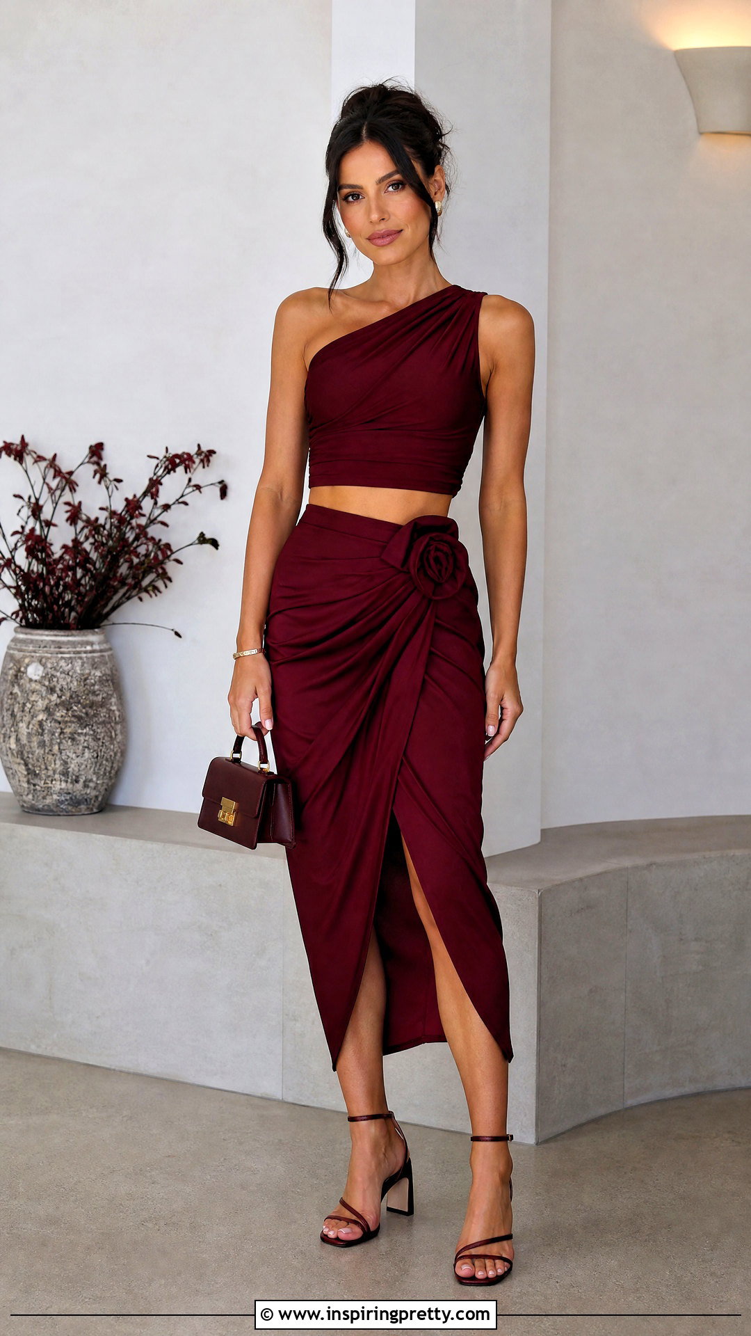 One Shoulder Crop Top With Draped Skirt - 50 cool crop tops outfit ideas