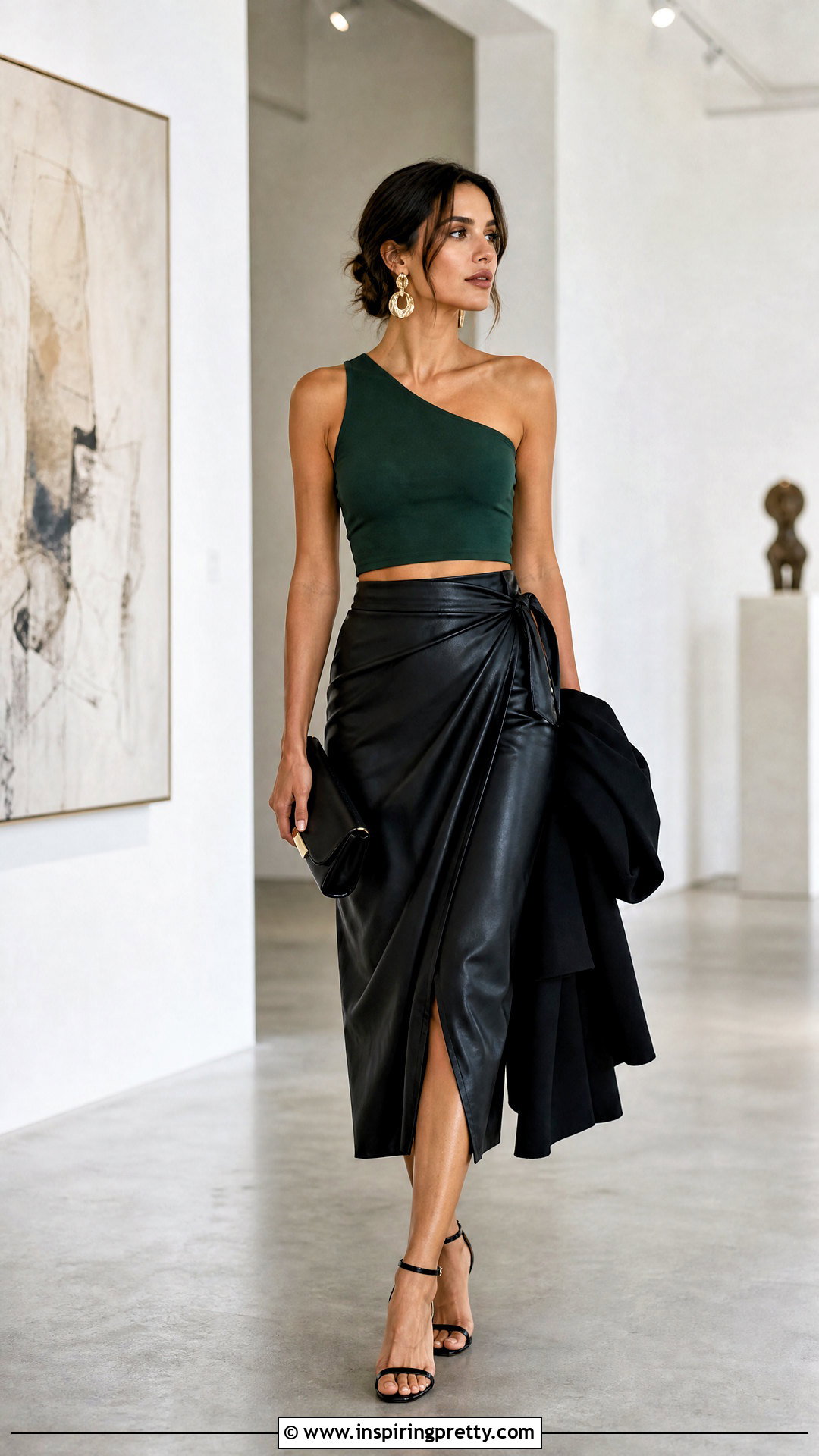 One Shoulder Crop Top With Leather Midi Skirt - 25 Crop Top With Leather Skirt outfit ideas