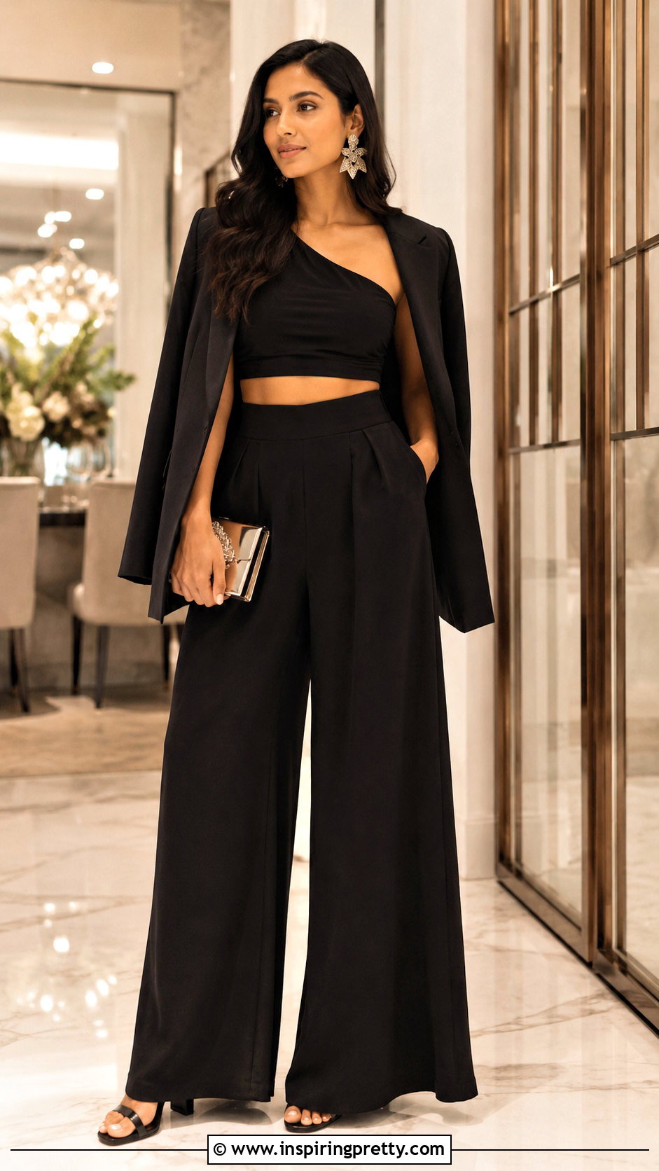 One Shoulder Crop Top With Palazzo Pants - 50 trending crop tops outfit ideas