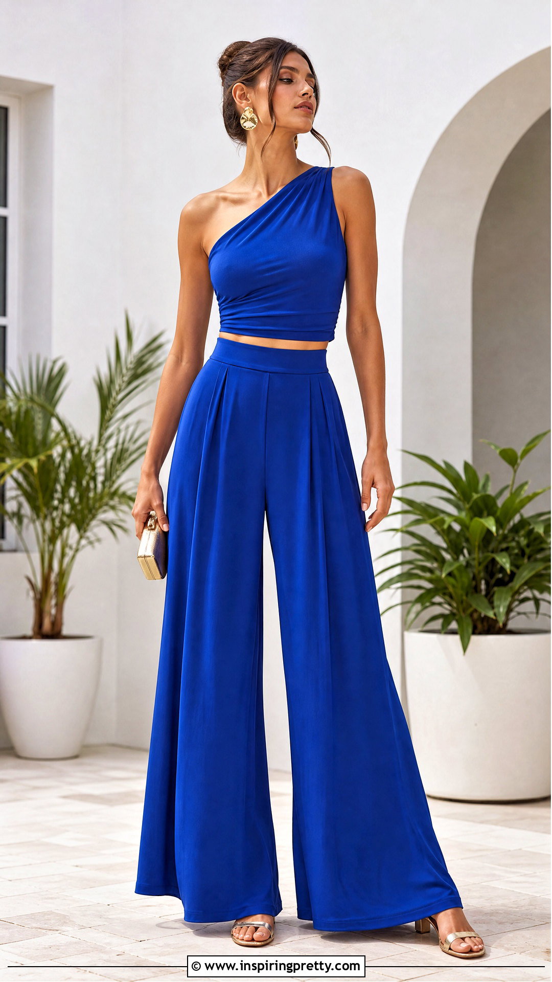 One Shoulder Crop Top With Palazzo Pants - 20 summer crop tops for women