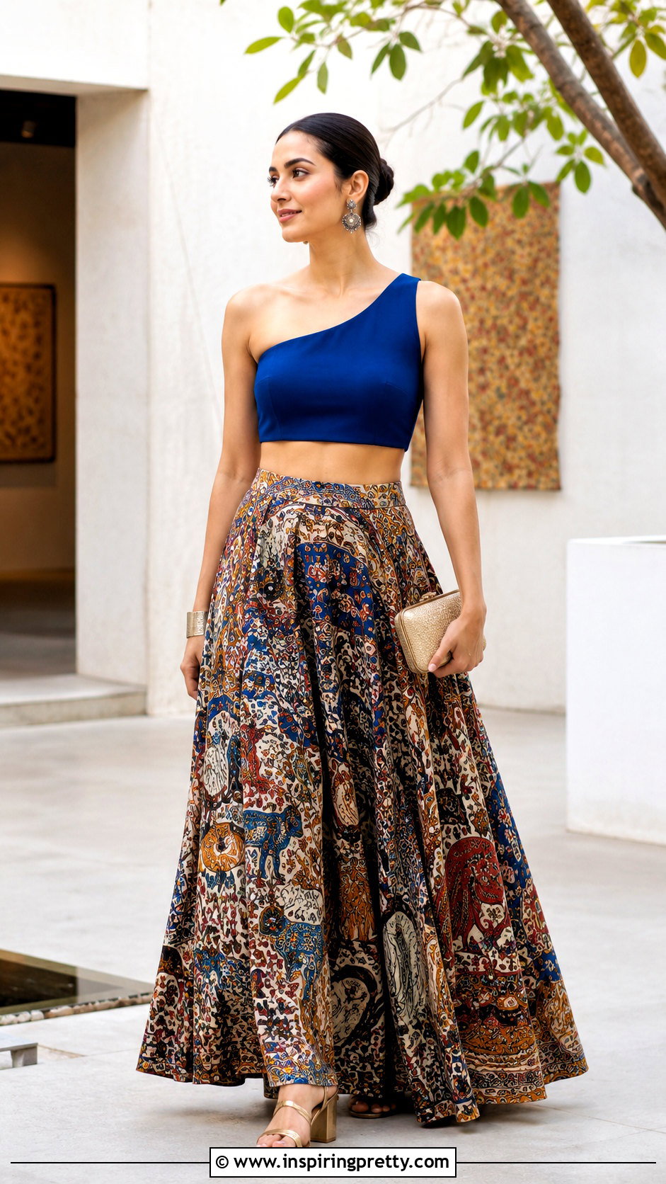 One Shoulder Crop Top With Printed Skirt - 20 skirt with crop top indian outfit ideas