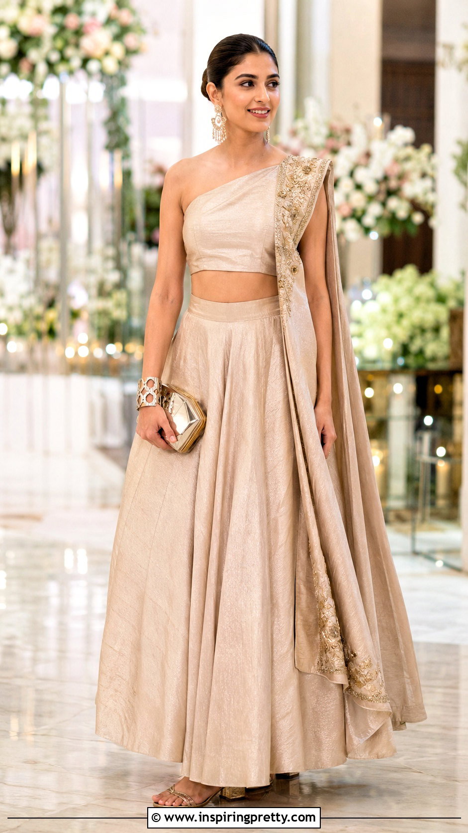 One Shoulder Crop Top With Silk Lehenga - 50 traditional crop top designs