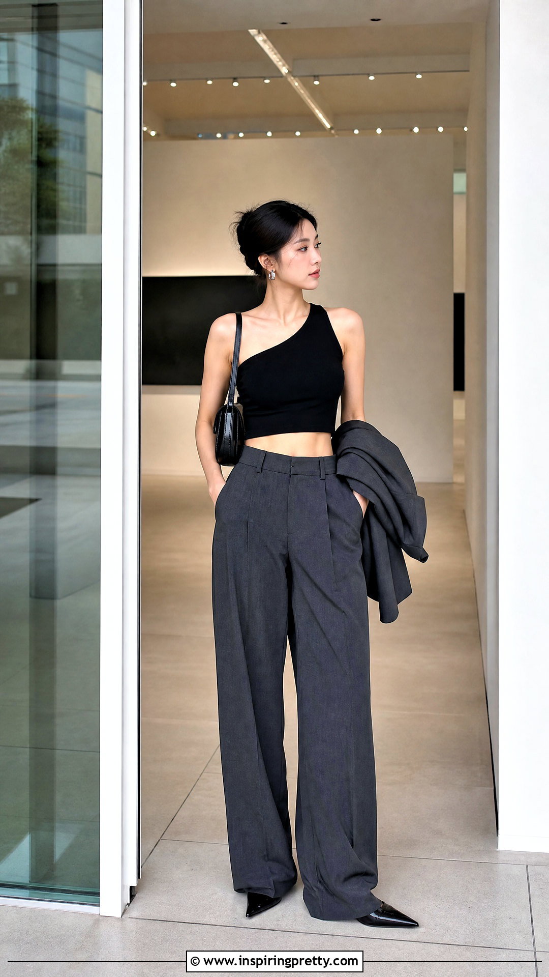 One Shoulder Crop Top With Wide Leg Pants Outfit - 50 crop top outfits korean styles