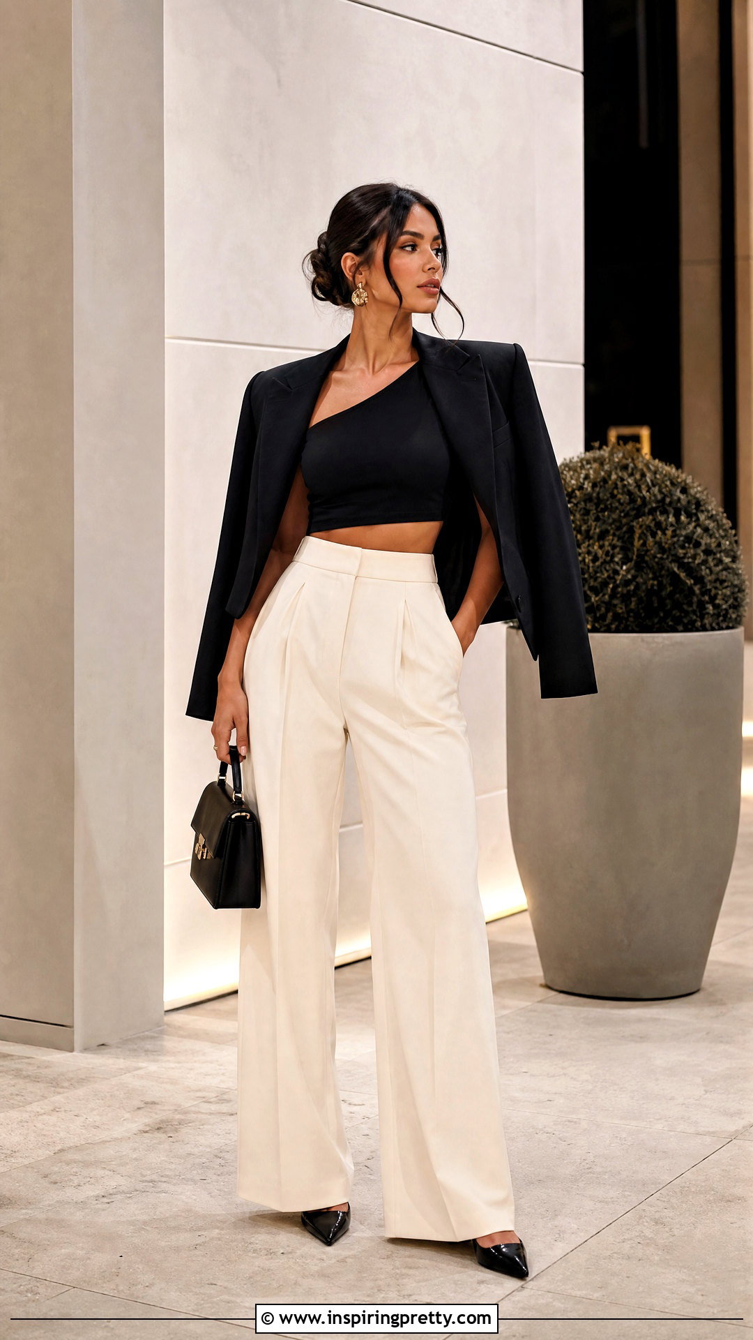 One Shoulder Crop Top With Wide Leg Trousers - 50 baggy pants crop top outfit ideas